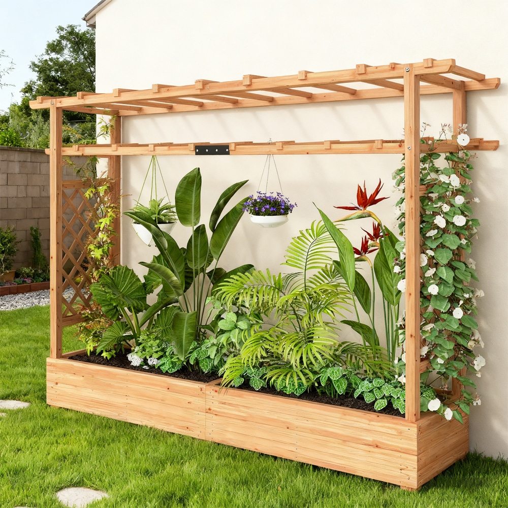 Wooden Planter Box With Trellis, Hanging Roof And Drainage Holes For Climbing Plants, Vegetables, Herbs And Flowers_maomaolike.com